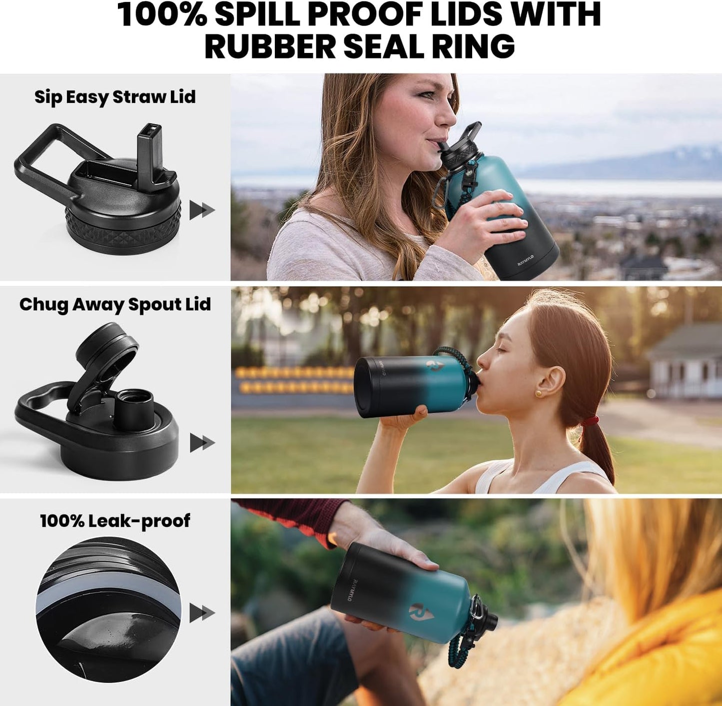 RAYMYLO 64 Oz Insulated Water Bottle - Triple Wall Vacuum Stainless Steel, Keeps Drinks Cold for 48 Hrs, Leak Proof, Non-BPA, Half Gallon with Paracord Handle & Straw Lid